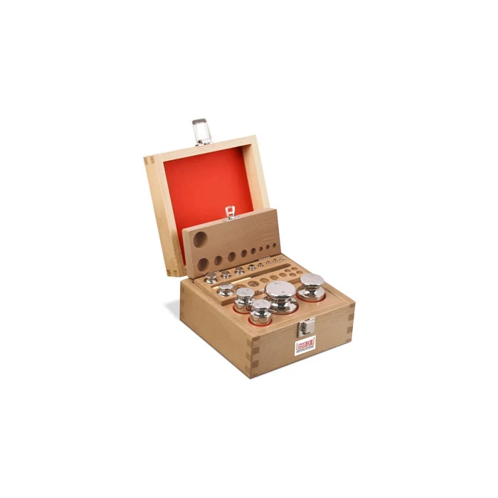 E2 osztályú súlykészlet fa tokban - Rozsdamentes acél precizitás